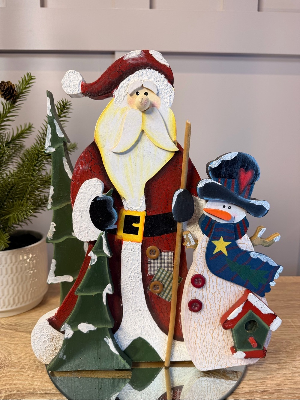 Wood hand carved Beautifully painted Santa Clause Figurine Christmas holiday 13”